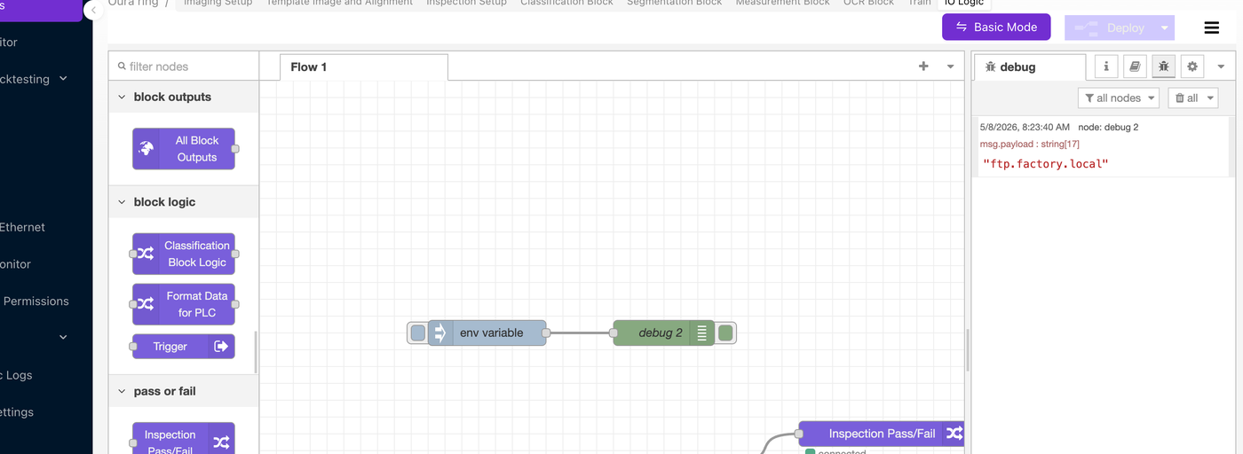 Flow 中 inject -> "env variable" -> debug 2；debug 侧边栏显示 "ftp.factory.local"
