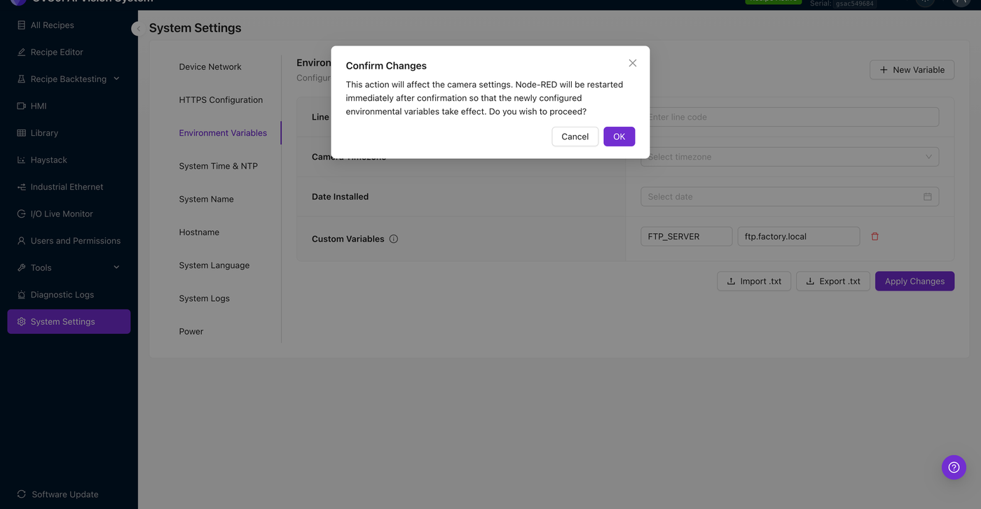 Confirm Changes 模态框，警告环境变量更改时 Node-RED 将重启