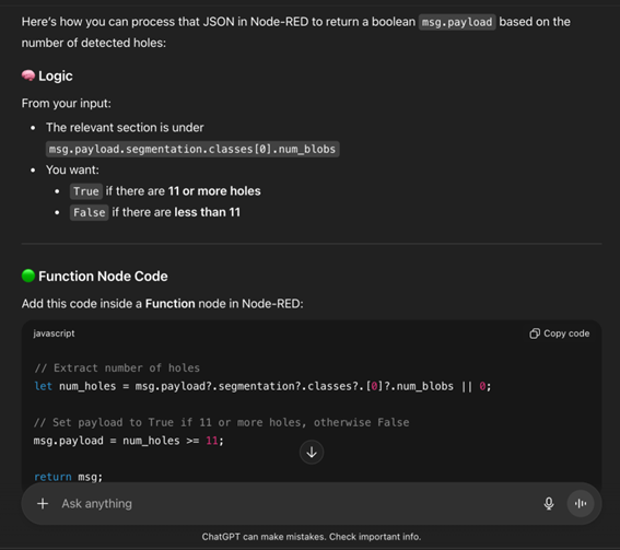 Example ChatGPT window with function node code