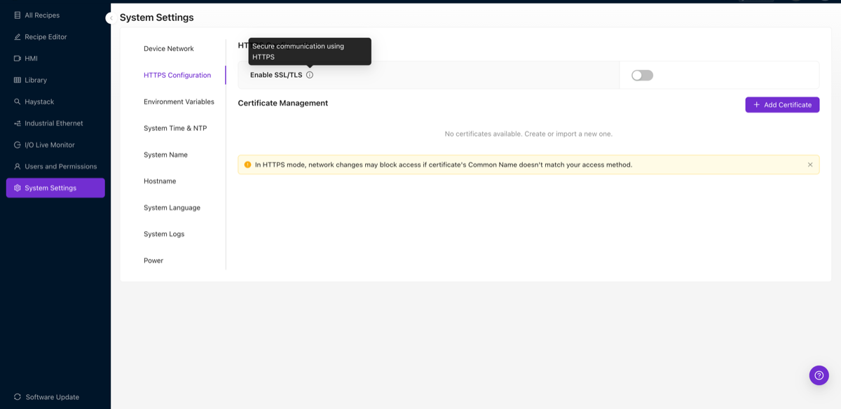 Enable SSL/TLS tooltip showing "Secure communication using HTTPS"