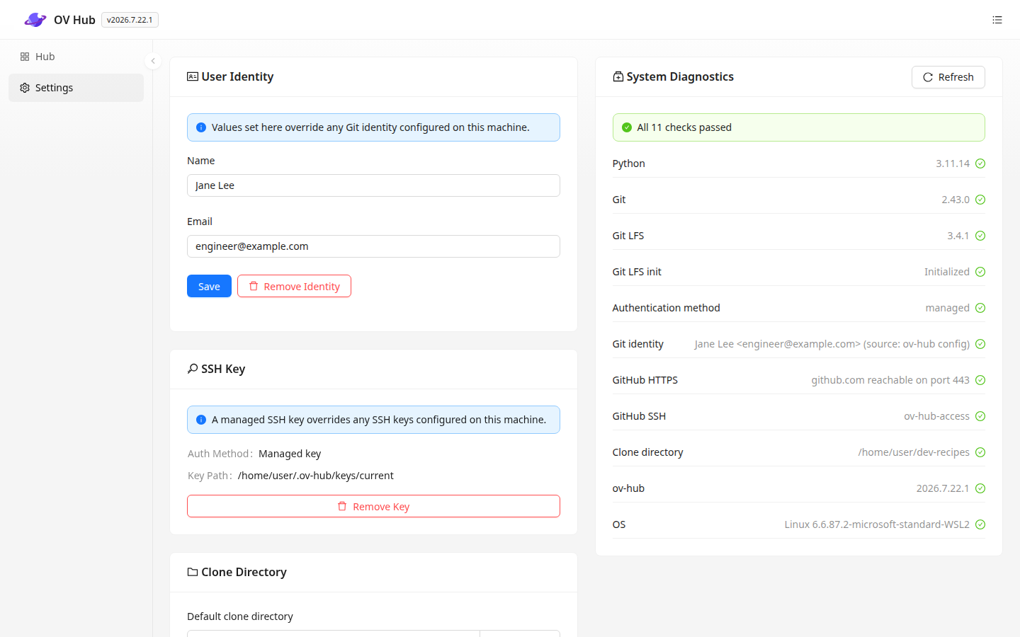 OV Hub Settings 页面，显示用户身份字段和 SSH 密钥管理部分