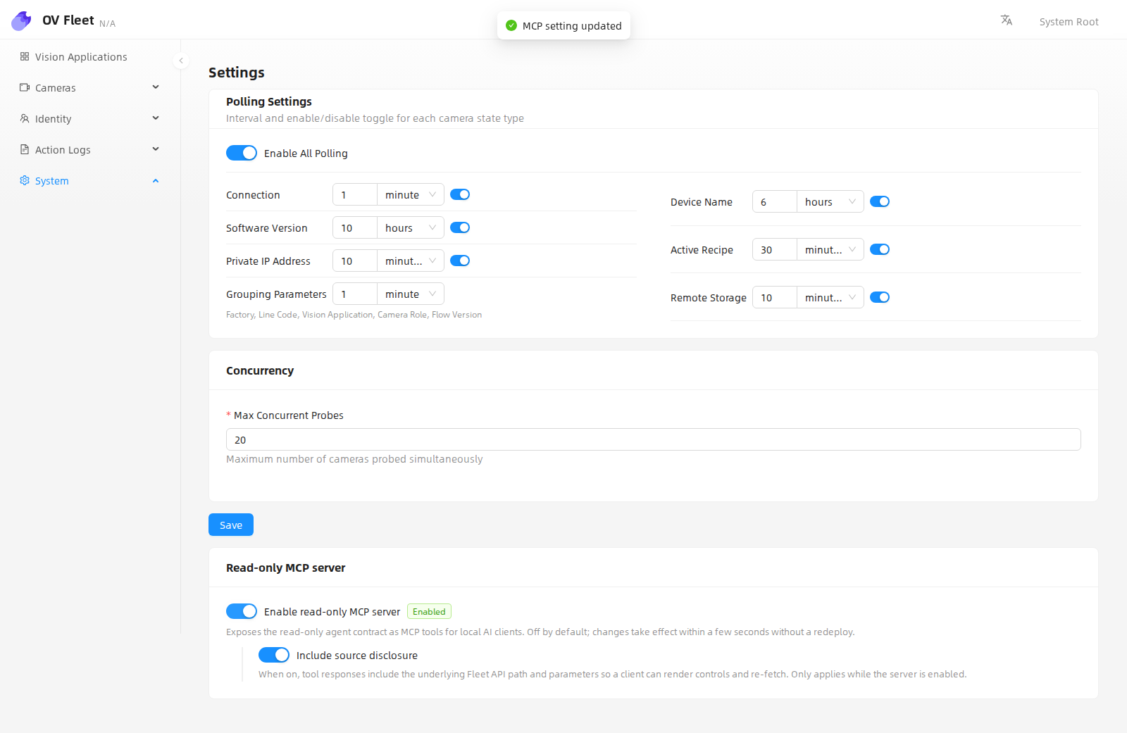 Fleet System Settings — Read-only MCP server section