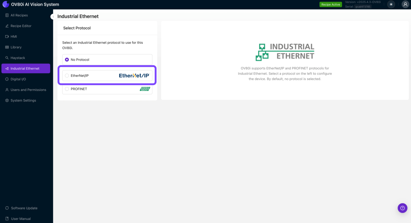 工業 Ethernet 頁面上的 EtherNet/IP 協議選項