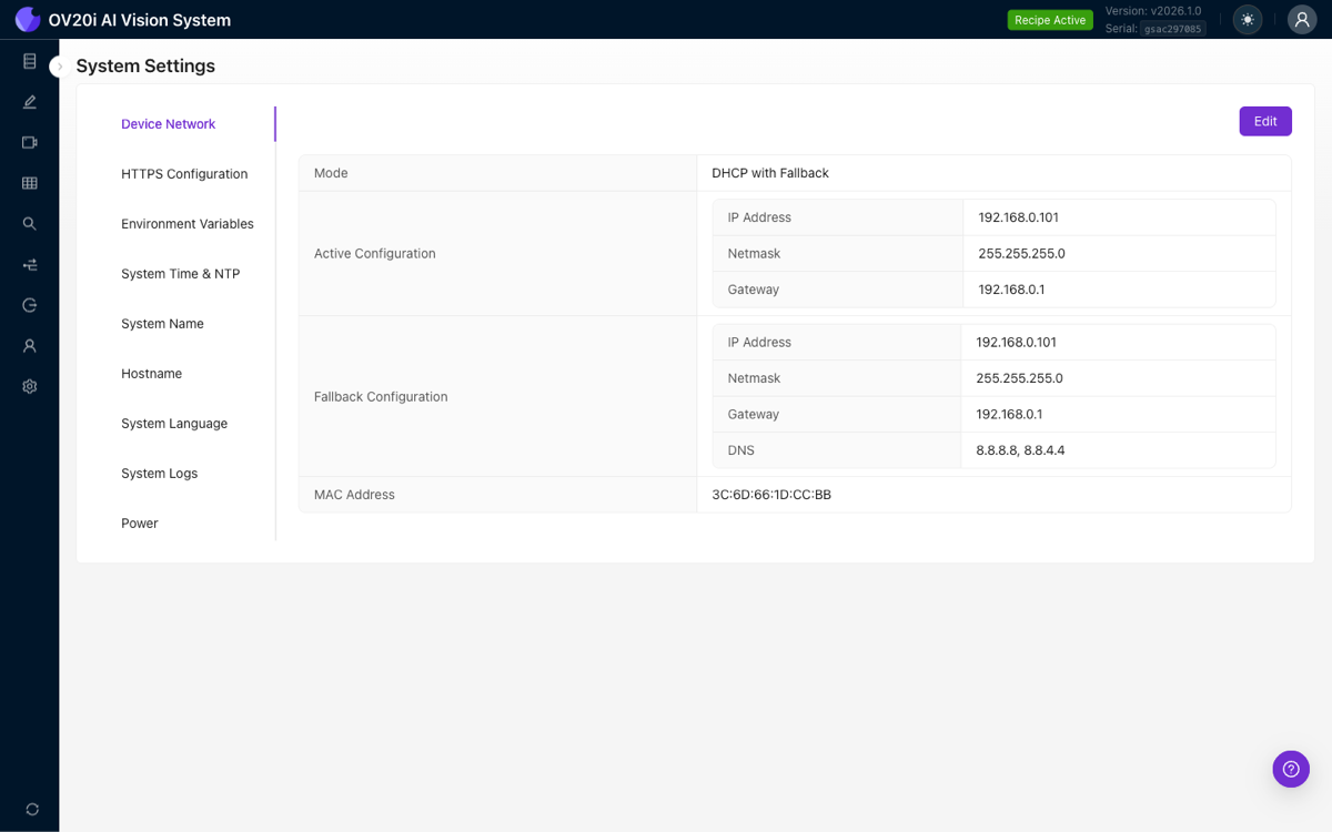 相機裝置網路設定，顯示活動配置、備用配置和 MAC 地址