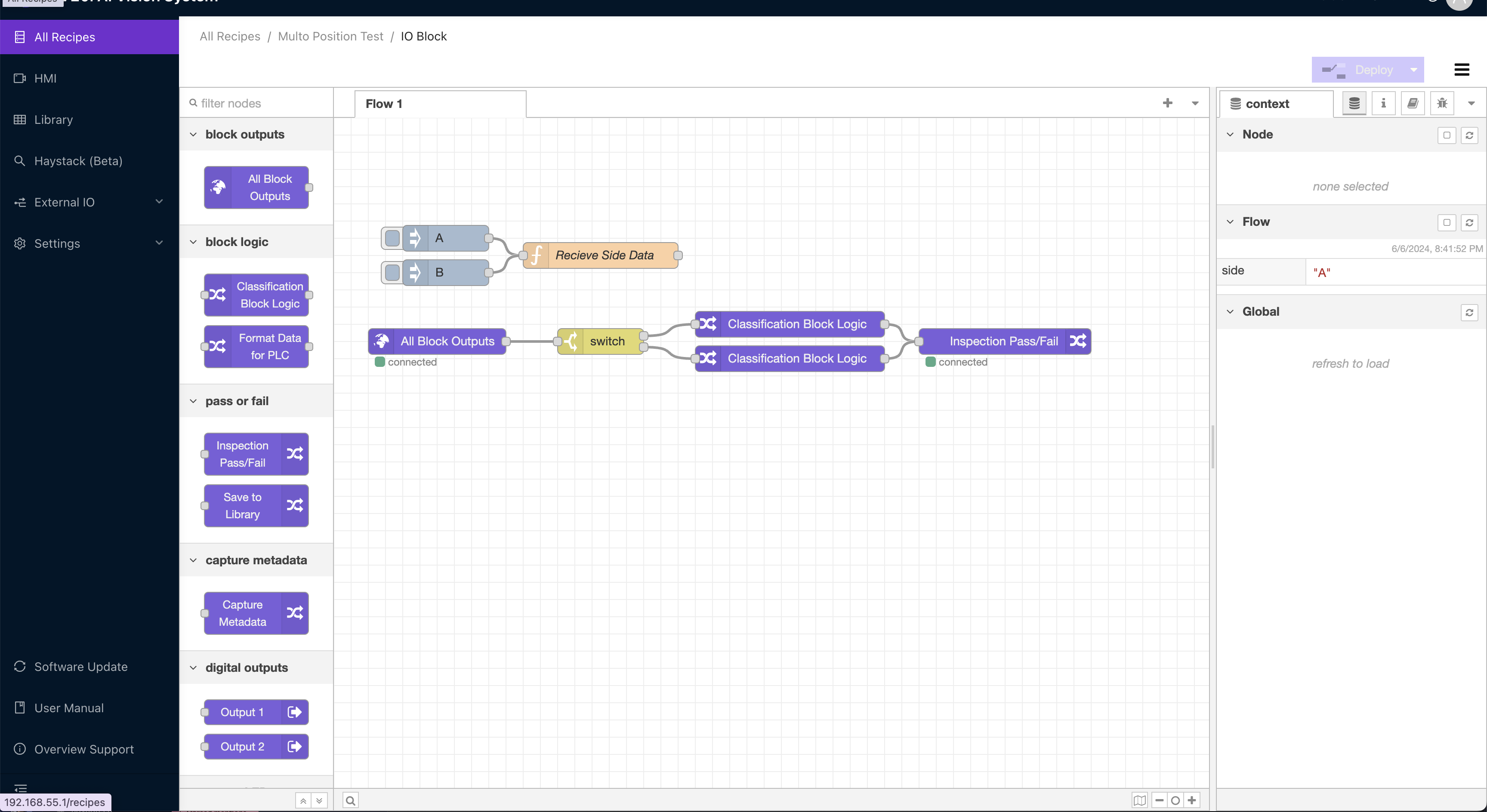 Node-RED 流編輯器顯示塊輸出、透過/失敗邏輯和數字輸出